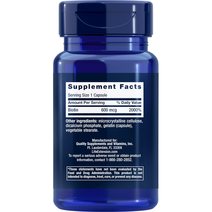 Life Extension Biotin 600 mcg - 100 Capsules - Health As It Ought to Be