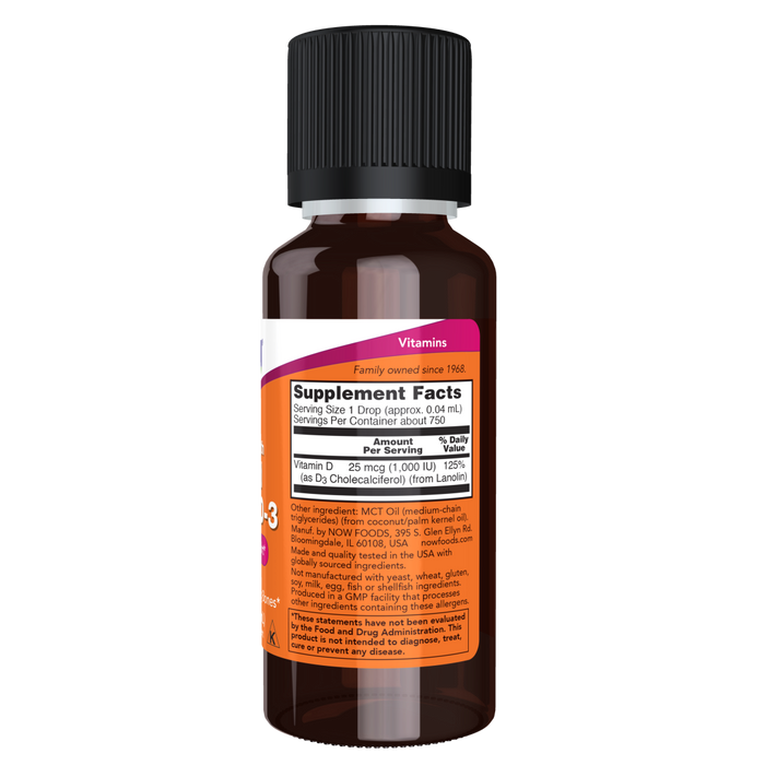 Now Foods Liquid Vitamin D-3 Extra Strength 1000 IUs per drop - 30 ml - Health As It Ought to Be