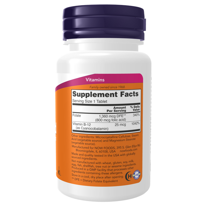 Now Foods Folic Acid 800 mcg with Vitamin B-12 - 250 Tablets - Health As It Ought to Be