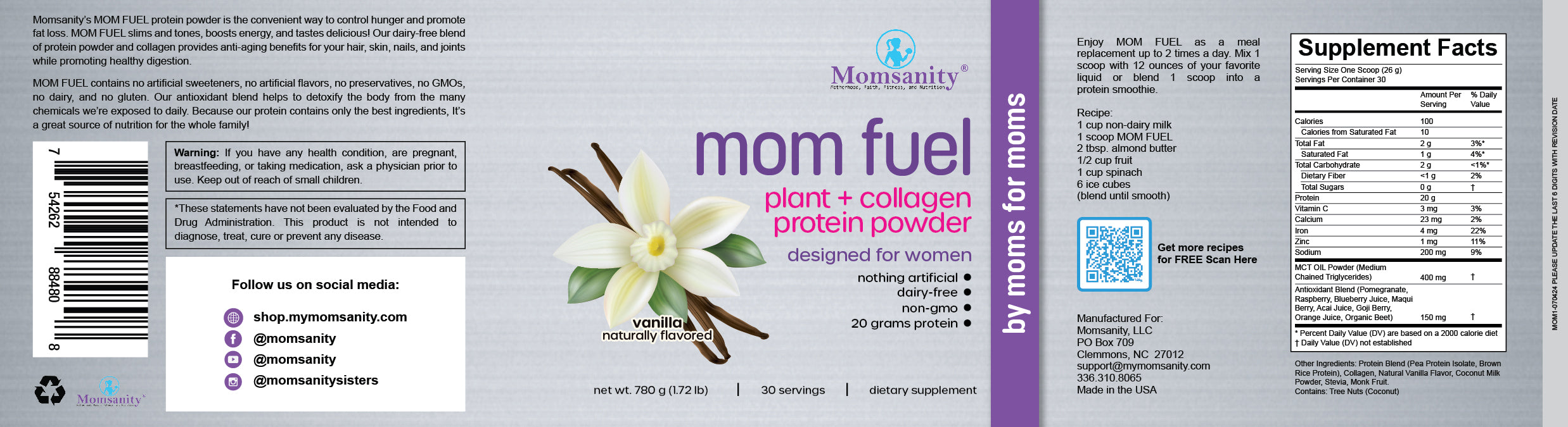 Momsanity Mom Fuel Protein Powder NATURAL VANILLA - Health As It Ought to Be