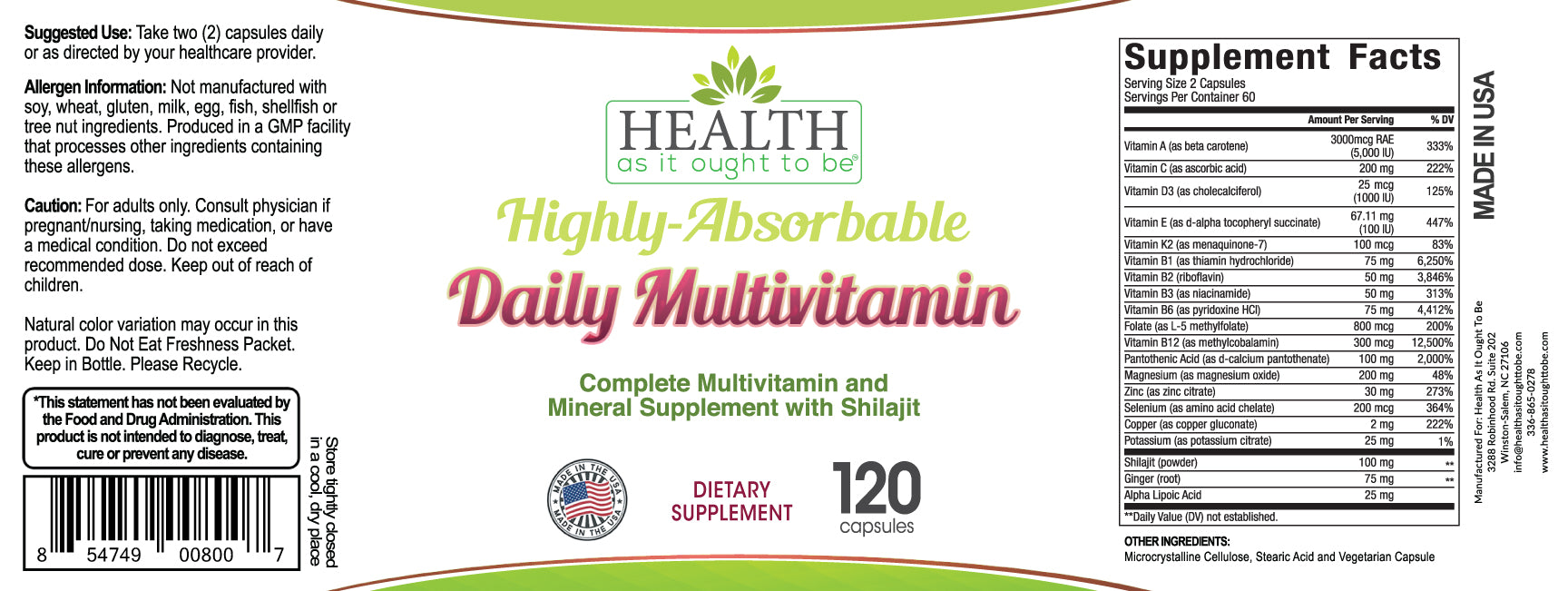 HAIOTB Highly-Absorbable Daily Multivitamin - 120 Capsules - Health As It Ought to Be