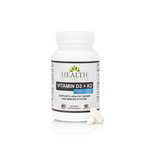 HAIOTB D3+K2: Vitamin D3 7500 IU (188mcg) + K2 200 mcg- 60 Capsules - Health As It Ought to Be