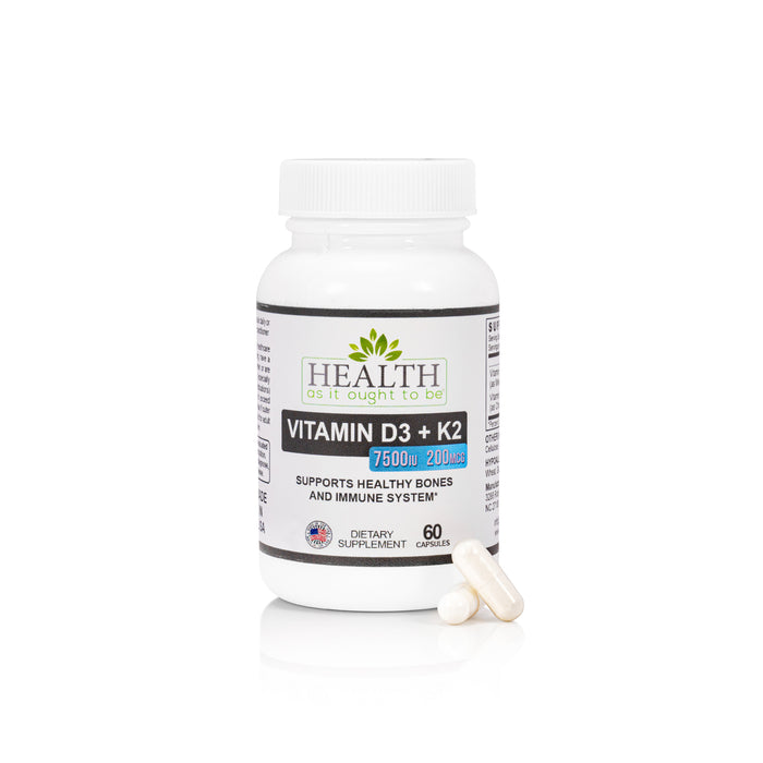 HAIOTB D3+K2: Vitamin D3 7500 IU (188mcg) + K2 200 mcg- 60 Capsules - Health As It Ought to Be