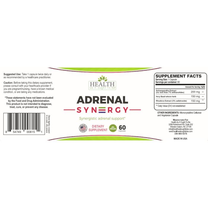 HAIOTB Adrenal Syn3rgy (Ashwagandha, Holy Basil, Rhodiola) - 60 Capsules - Health As It Ought to Be