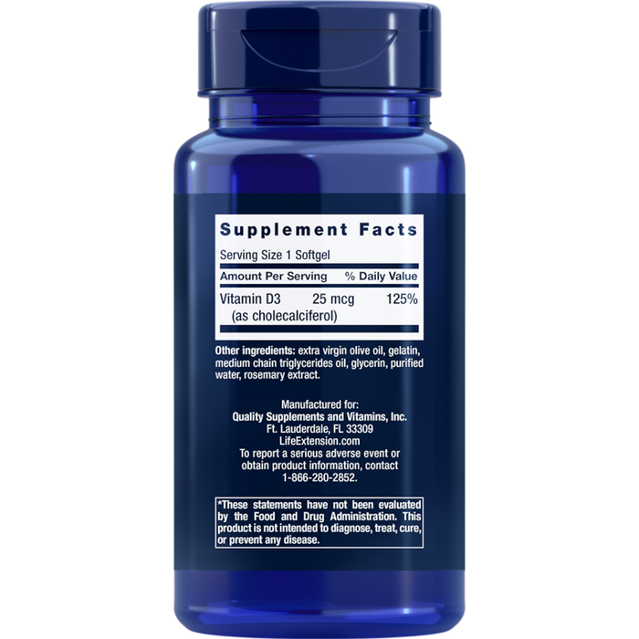 Life Extension Vitamin D3 1000 IUs - 250 Softgels - Health As It Ought to Be
