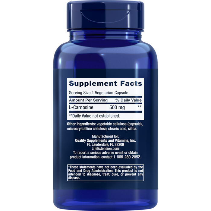 Life Extension Carnosine 500 mg - 60 Vegetarian Capsules - Health As It Ought to Be