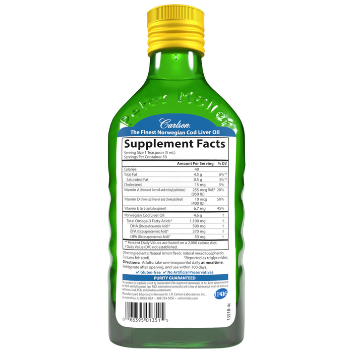 Carlson Cod Liver Oil Lemon - 8.4 fl oz. - Health As It Ought to Be