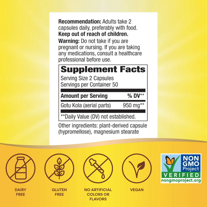Nature's Way Gotu Kola Herb 475 mg - 100 Vegetarian Capsules - Health As It Ought to Be