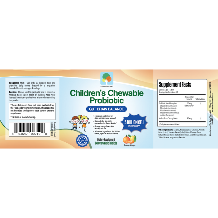 Raise Them Well Children's Probiotic: NEW FORMULA 5 Billion CFU Pediatrician Formulated, Orange Mango Flavor - 60 Chewable Tablets