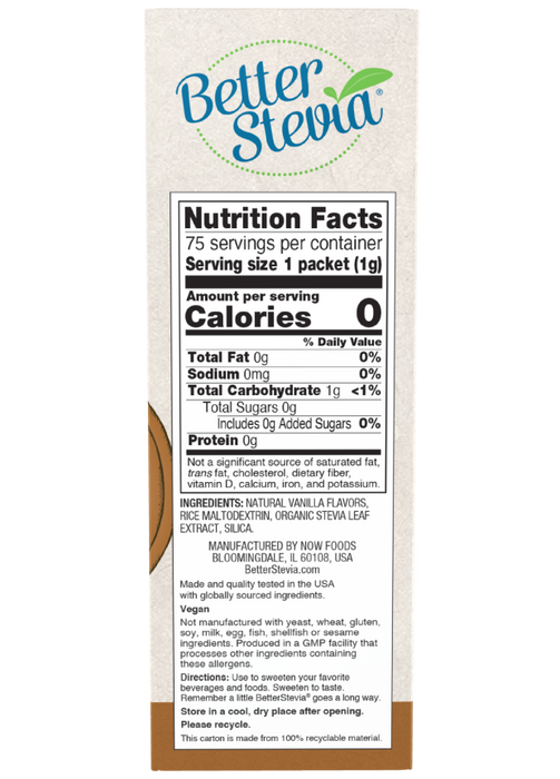 Now Foods Better Stevia French Vanilla 75 packets PATIENT ONLY - Health As It Ought to Be