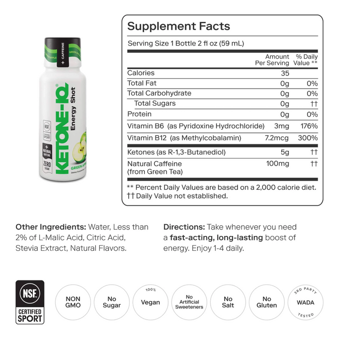 Ketone-IQ Energy Shot + Caffeine - Green Apple - Health As It Ought to Be