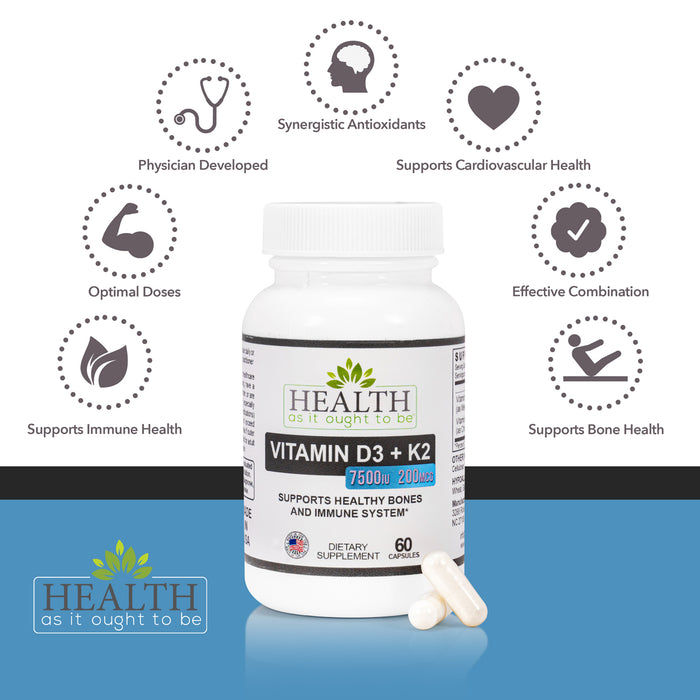 HAIOTB D3+K2: Vitamin D3 7500 IU (188mcg) + K2 200 mcg- 60 Capsules - Health As It Ought to Be