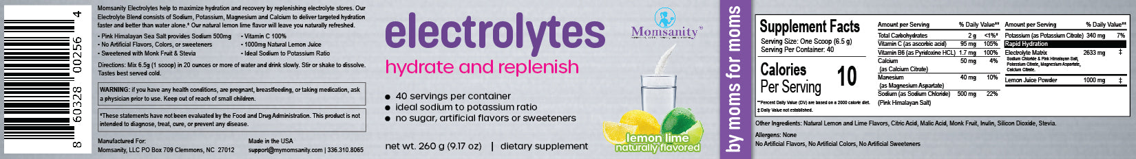 Momsanity Electrolytes - Natural Lemon-Lime Flavor - 40 servings - Health As It Ought to Be