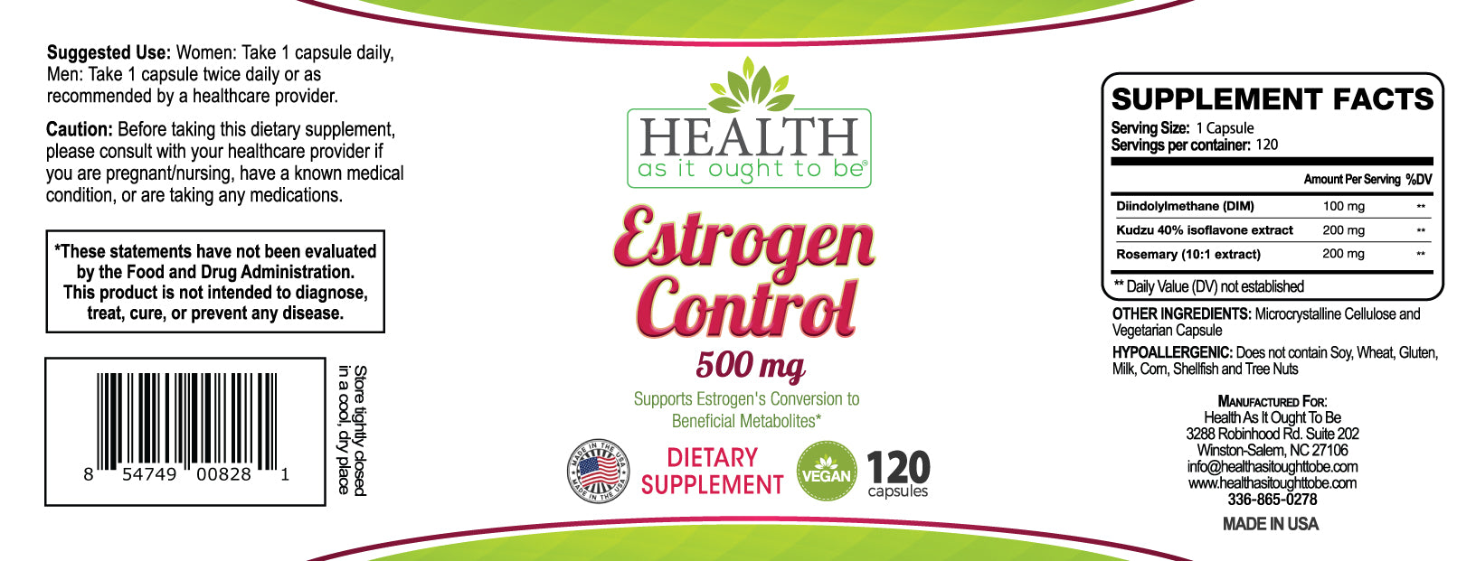 HAIOTB Estrogen Control 500mg - 120 Capsules - Health As It Ought to Be