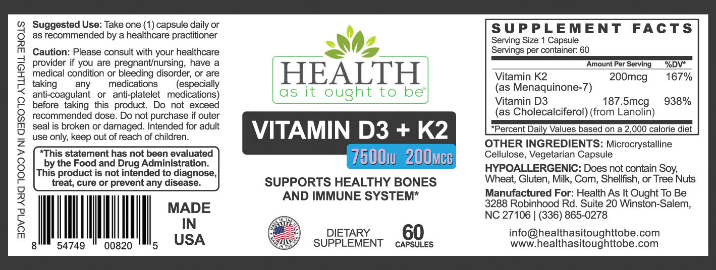 HAIOTB D3+K2: Vitamin D3 7500 IU (188mcg) + K2 200 mcg- 60 Capsules - Health As It Ought to Be