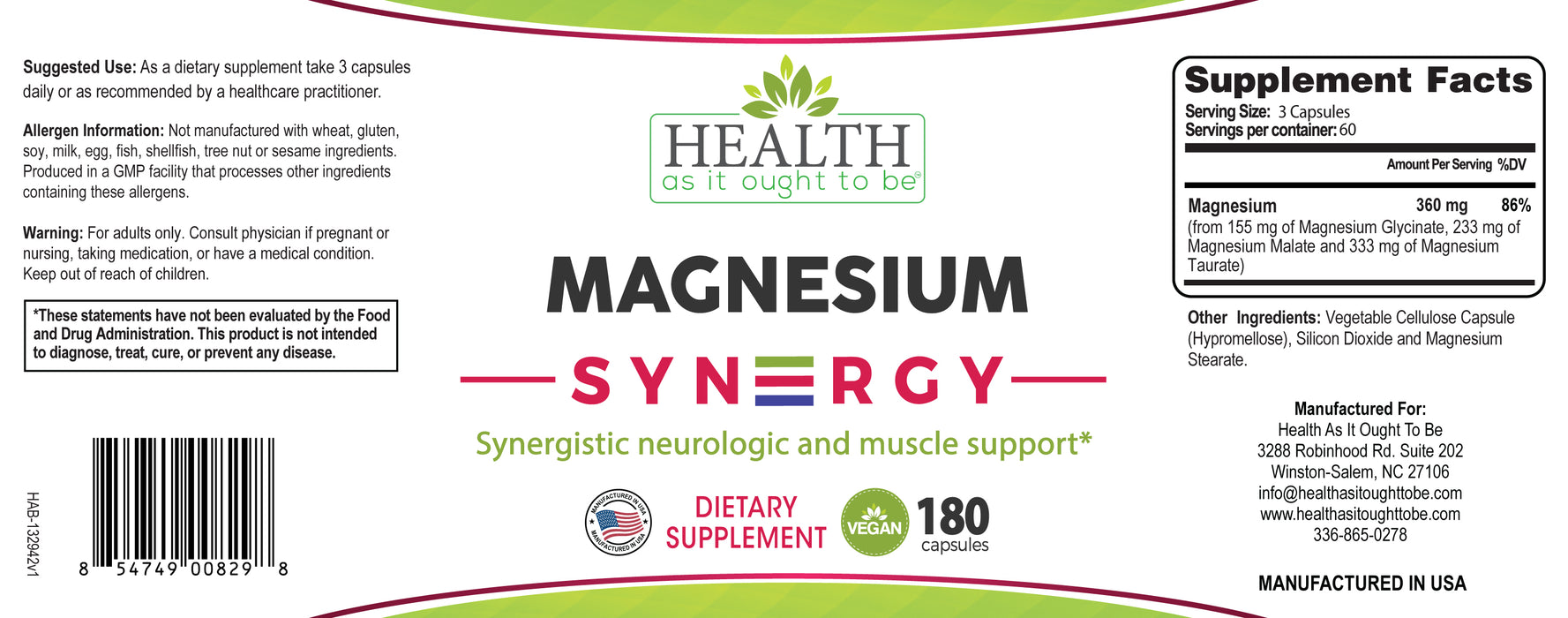 HAIOTB Magnesium Syn3rgy (Mag Glycinate, Mag Malate, Mag Taurate) - 180 Capsules - Health As It Ought to Be