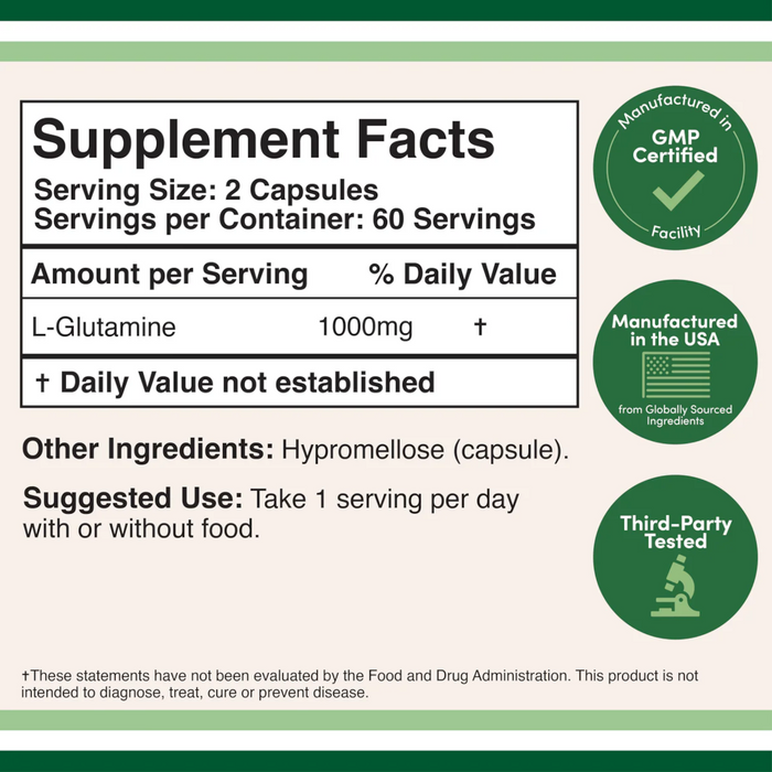 Double Wood Supplements L-Glutamine 1000 mg - 120 Capsules - Health As It Ought to Be