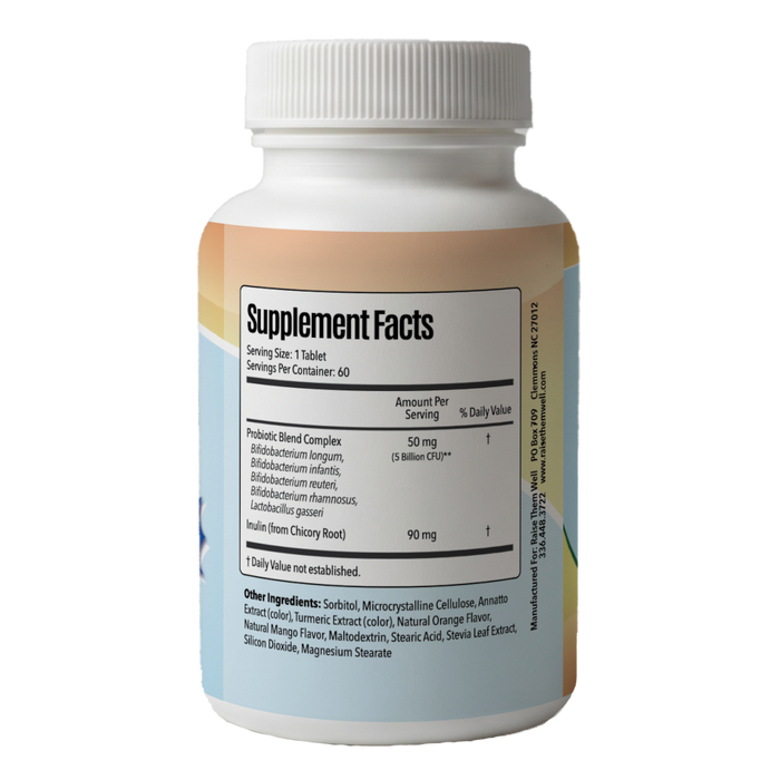 Raise Them Well Children's Probiotic: NEW FORMULA 5 Billion CFU Pediatrician Formulated, Orange Mango Flavor - 60 Chewable Tablets