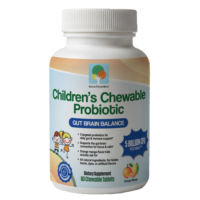 Raise Them Well Children's Probiotic: NEW FORMULA 5 Billion CFU Pediatrician Formulated, Orange Mango Flavor - 60 Chewable Tablets