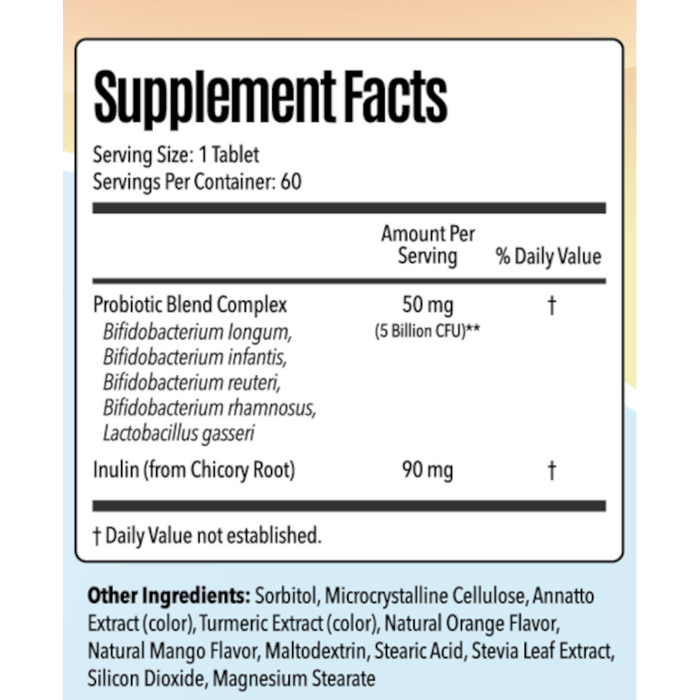 Raise Them Well Children's Probiotic: NEW FORMULA 5 Billion CFU Pediatrician Formulated, Orange Mango Flavor - 60 Chewable Tablets