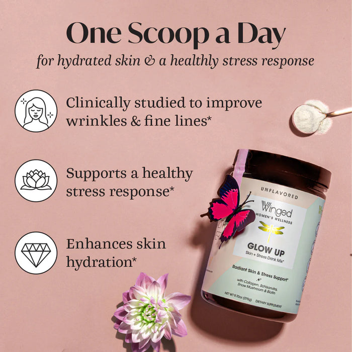 Winged Nutrition LLC Glow Up Collagen + Adaptogen Powder, Radiant Skin with Collagen, Schisandra, Tremella Mushroom & Biotin 25 servings - 9.72 oz  PATIENT ONLY - Health As It Ought to Be