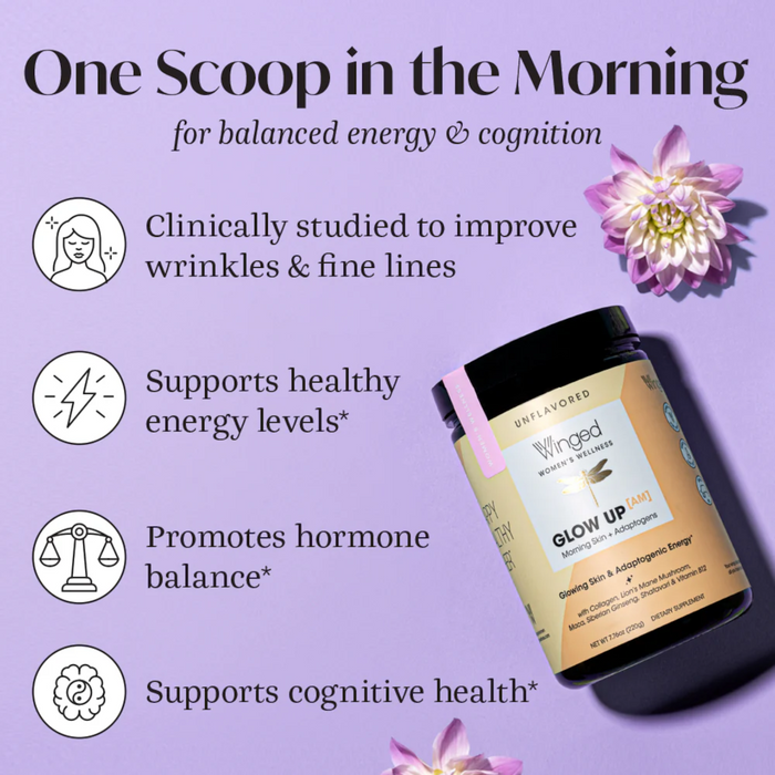Winged Nutrition Women's Wellness Glow Up AM Collagen MORNING + Adaptogen Powder, Radiant Skin with Collagen, Schisandra, Tremella Mushroom & Biotin 25 servings - 9.72 oz