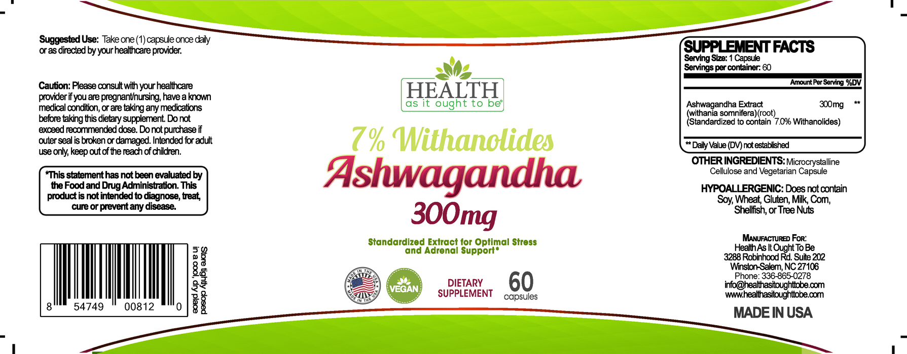 HAIOTB Ashwagandha 7% Withanolides 1 Cap Daily Formula - 60 Capsules - Health As It Ought to Be