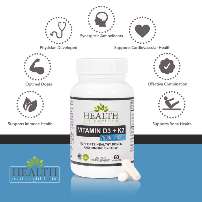 HAIOTB D3+K2: Vitamin D3 7500 IU (188mcg) + K2 200 mcg- 60 Capsules - Health As It Ought to Be