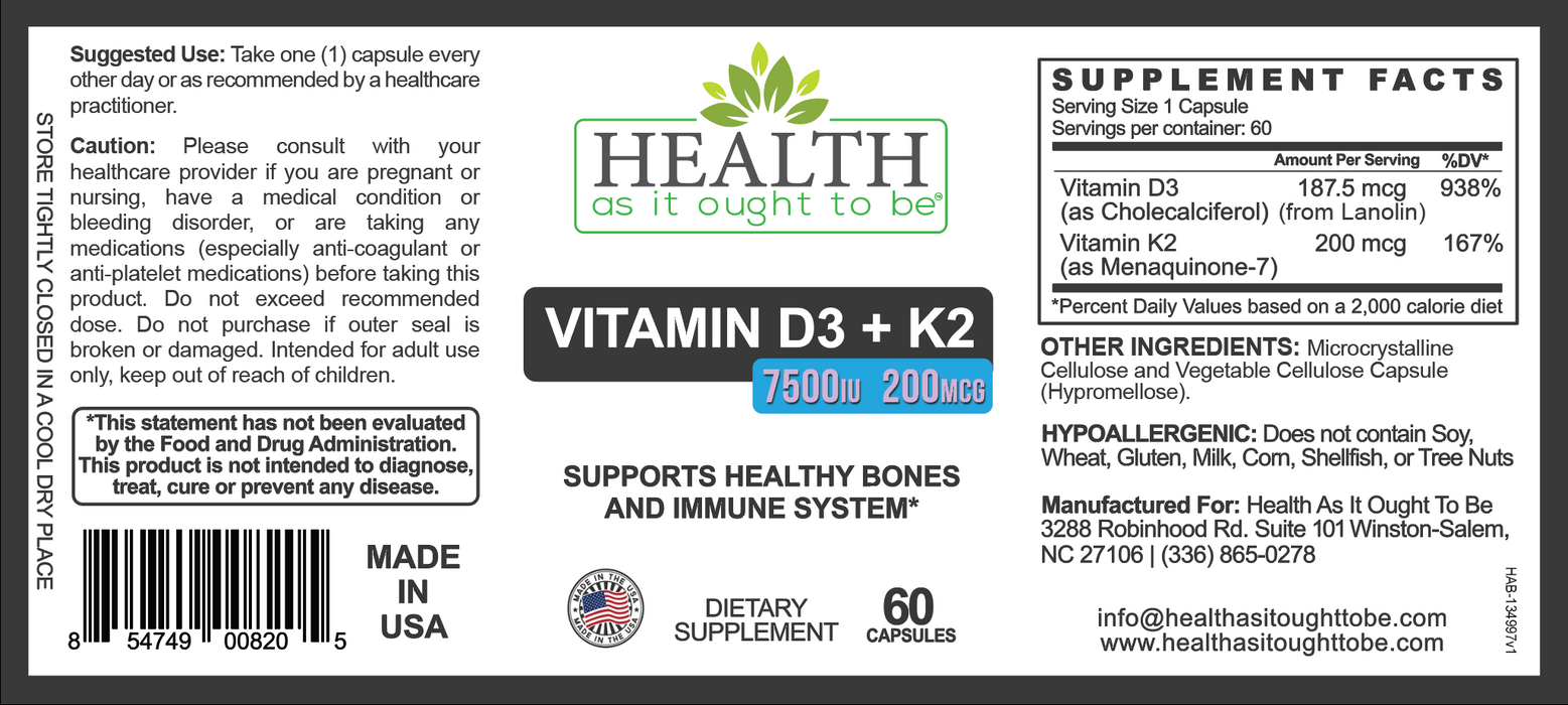 HAIOTB D3+K2: Vitamin D3 7500 IU (188mcg) + K2 200 mcg- 60 Capsules