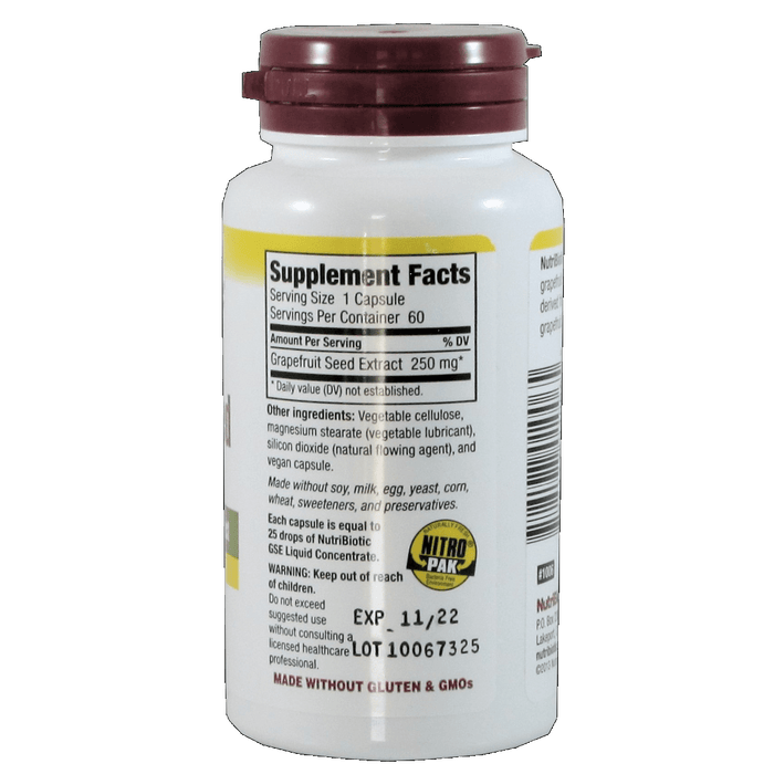 Nutribiotic Grapefruit Seed Extract (GSE) 250 mg - 60 Capsules - Health As It Ought to Be