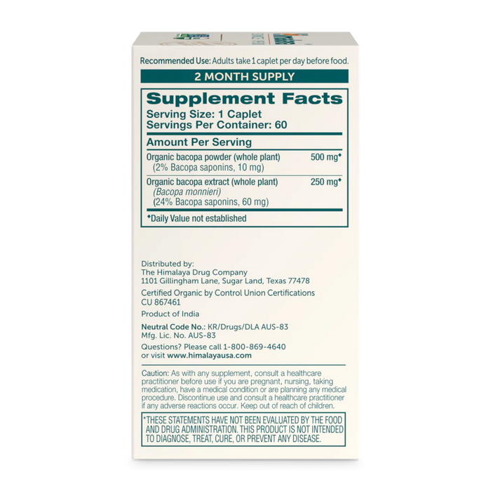 Himalaya Herbal Healthcare Organic Bacopa 750 mg - 60 Caplets - Health As It Ought to Be