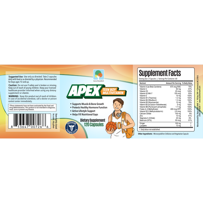 Raise Them Well APEX: Daily Multivitamin for Teen Boys